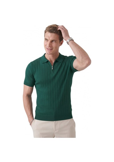 Deepsea Erkek Yeşil Polo Yaka Fermuarlı Çizgi Dokulu Regular Fit Likralı Triko Tişört 2608008