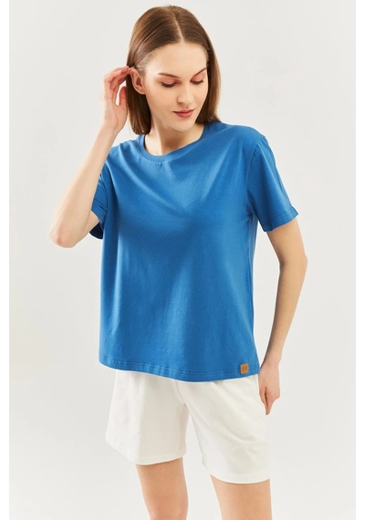 Kadın Rahat %100 Pamuklu Penye Bisiklet Yaka Kısa Kol Basic T-shirt Mavi