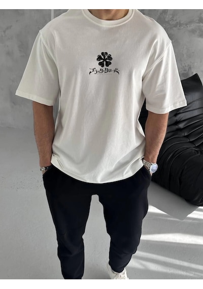Barlashive Erkek Kısa Kol Tişört Bisiklet Yaka Yonca Baskılı Oversize T-shirt - Beyaz Çok Renkli