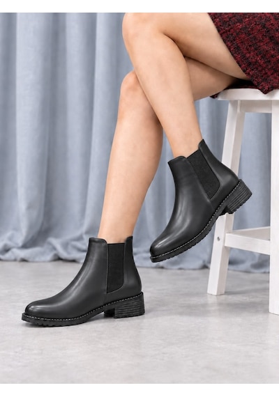 Dabab Shoes Maral Kadın Siyah Cilt Yuvarlak Burun Lastik Detaylı 3 Cm Topuklu Kaymaz Taban Chelsea Bot Bootie