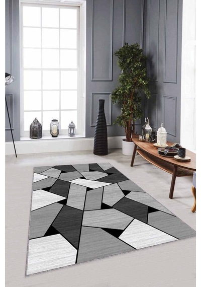 Gri Geometrik Kaymaz Tabanlı Makinede Yıkanabilir Halı Wl01n11
