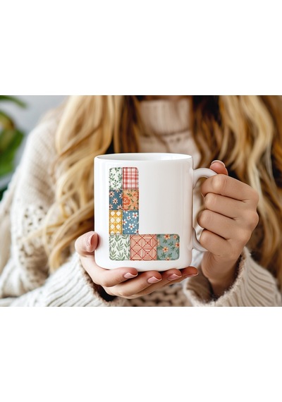 L Harfi Renkli Yamalı Tasarım Kupa Bardak - Bohem Patchwork Desenli Kupa - Etnik Hediyelik Beyaz