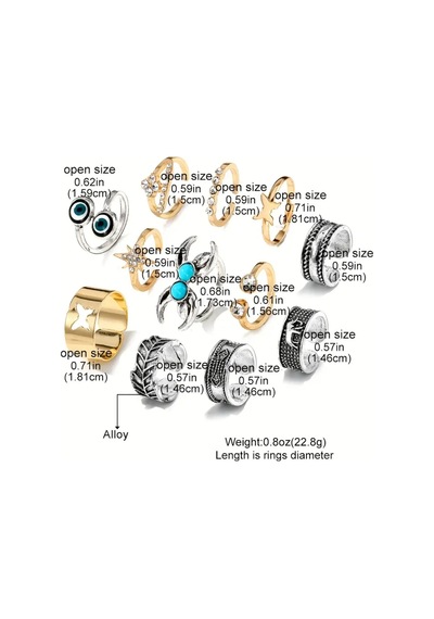 Morva 12 Adet Turkuaz Taşlı Vintage Çoklu Ayarlanabilir Gold Silver Ayak Parmak Yüzük Seti Altın