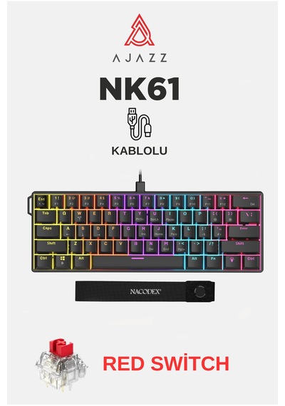 Ajazz Nk61 Red Switch Kablolu Hot-swap Klavye Rainbow Aydınlatma Taşıma Bandı Siyah
