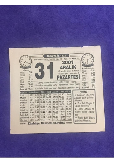 31 Aralık 2001 Takvim Yaprağı - Nostalji Koleksiyonluk Takvim Yaprağı