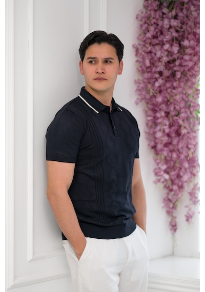 Advante Slimfit Kolları Lastikli Likralı Desenli Polo Yaka Triko T-shirt Lacivert