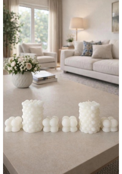 Dekoratif 6'lı Bubble Mum Seti El Yapımı Beyaz Minimalist Mum Modern Salon & Ev Dekoru Beyaz - 830599056 Beyaz