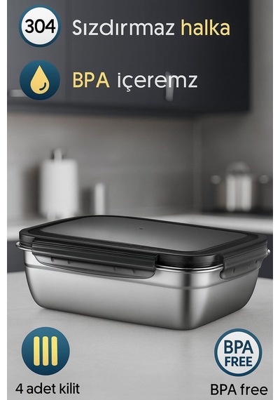 304 Çelik 1800 Ml Yemek Meyve Et Buzdolabı Beslenme Saklama Kabı Mt111-18 Gri