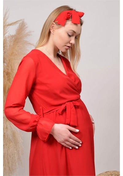 Dip Moda Kadın Beyaz Baby Shower Şifon Hamile Elbise Dphml003 Kırmızı
