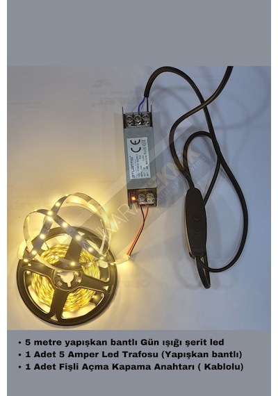 Mutfak Dolabı Gün Işığı Şerit Led 12V Adaptör Aç Kapa 5 M