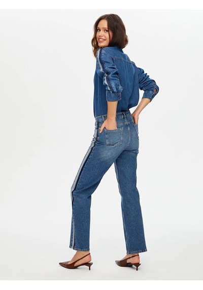 Faik Sönmez Kontrast Bant Detaylı Wide Leg Fıt Kadın Jean Pantolon W26jpn004 İndigo