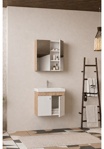 Milano 60 Cm, Lavabolu Banyo Dolabı Seti, Lavabo Dahil, Ayna Dahil, Sonomo Meşe, Mdf Beyaz - Sonomo Milano 60 Cm, Lavabolu Banyo Dolabı Seti, Lavabo Dahil, Ayna Dahil, Sonomo Meşe, Mdf Beyaz - Sonomo