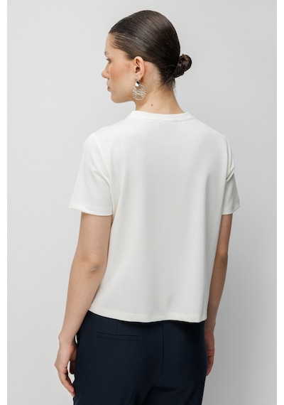On Kadın Dikiş Detaylı Sıfır Yaka T-shirt 71458 Ekru Ekru