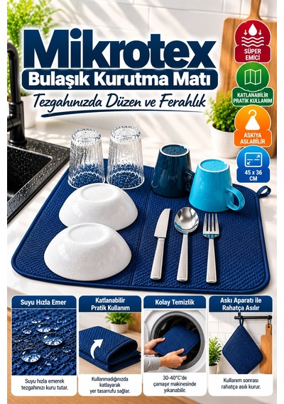 Lacivert Bez Mikrotex Bulaşık Kurutma Matı 45x36 Cm Süper Emici Katlanabilir Tezgah Üstü Kurutma Mat