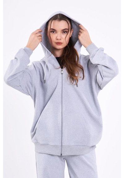 Comeor Gri Kanguru Cepli Kapüşonlu Fermuarlı Oversize Kadın Sweatshirt Cmrb73-gri Gri