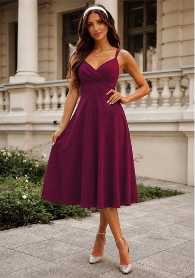 Butik İstanbul Kadın Ip Askılı Kruvaze Yakalı Midi Janjan Krep Elbise Bordo