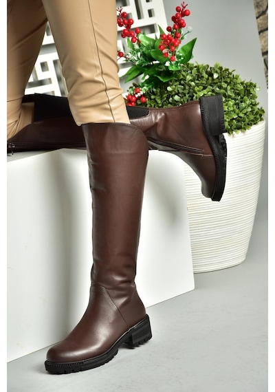 Fox Shoes N654032803 Kahverengi Hakiki Deri Alçak Topuklu Kadın Çizme Kahverengi