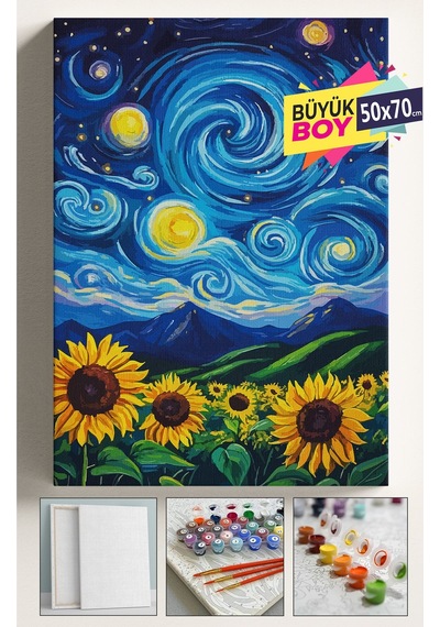 Sayılarla Boyama Seti Numaralı Tuval Fırça Boya Dahil Kasnaklı Set 50x70 Cm - Yıldızlı Gece Ayçiçeği