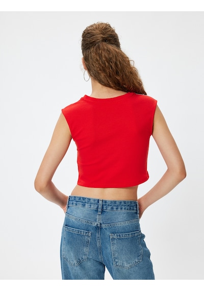 Koton Crop Üst V Yaka Slogan Baskılı Kolsuz Slim Fit Kırmızı 4sal30325ık Kırmızı