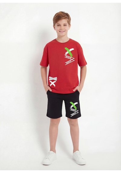 Panios Kids X White Baskı Detaylı Yuvarlak Yaka Yazlık Erkek Çocuk Alt Üst Takım Kırmızı