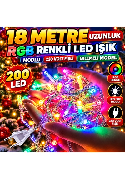 Renkli 18 Metre Yılbaşı Ağacı Işığı 200 Ledli 18 Metre Renkli Led Işık Modlu 220 Volt Fişli Model Diğer