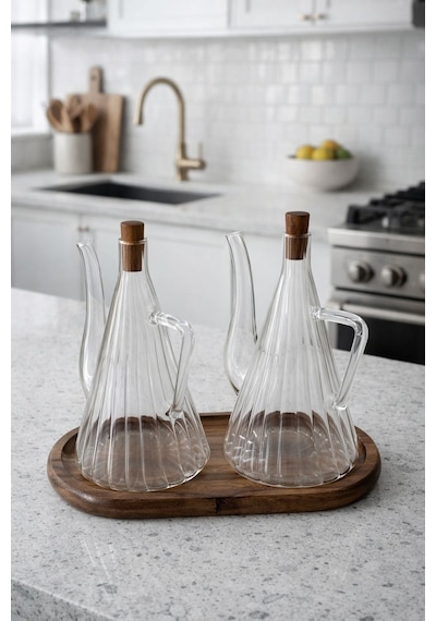 Qerhome Akasya Stantlı Borosilikat Cam Akasya Kapak Glazzy Yağlık Seti 750 Ml + 750 Ml Çizgili Tasarım Şeffaf