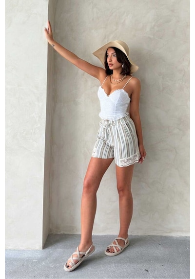 Verymoda Paça Dantelli Çizgili Şort I Vmd2393 Haki