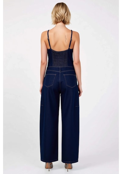 Benerly Kadın Kare Yaka İnce Askılı Kolsuz Denim Kumaş Rahat Baggy Fit Ka Koyu Mavi