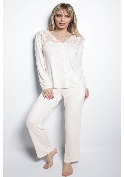 Monamise 18201 Kadın Uzun Kollu Pijama Takım-ekru Ekru