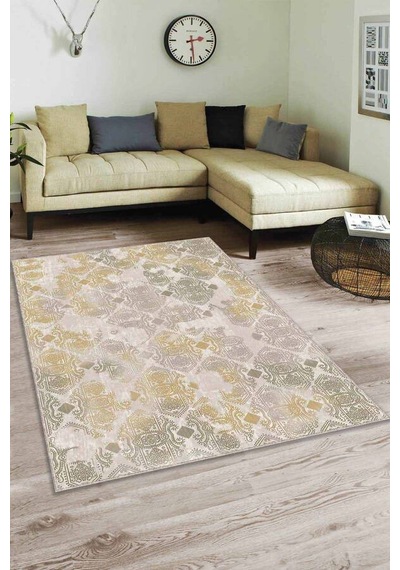 Yeşil Sarı Damask Desen Kaymaz Tabanlı Dekoratif Halı Al008n11 Sarı - Yeşil