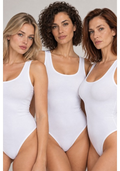 Loule Kadın 3'lü %95 Pamuklu Geniş Askılı Alttan Kancalı Body Beyaz