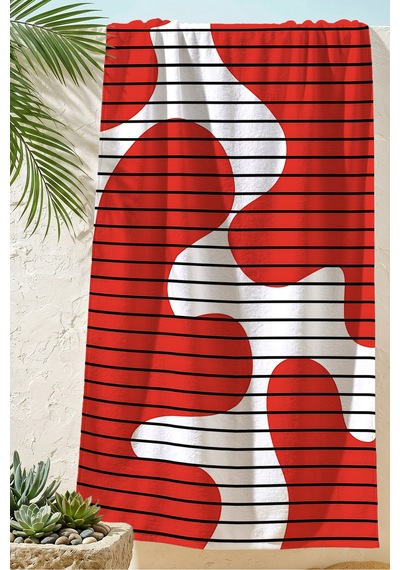 Soyut Çizgili Kırmızı Beyaz Plaj Havlusu-modern Geometrik Siyah Çizgi Hızlı Kuruyan Mikrofiber Havlu Sedef Mimoza