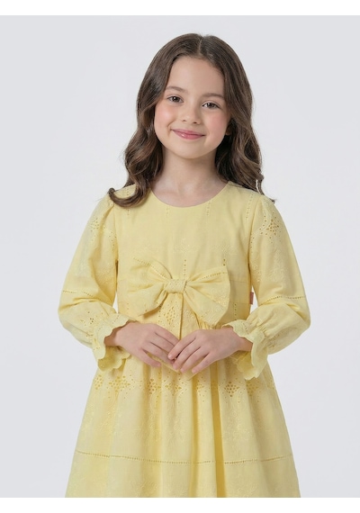 Pina Kids Kız Çocuk Uzun Kollu Önü Kurdelalı Fisto Elbise Sarı