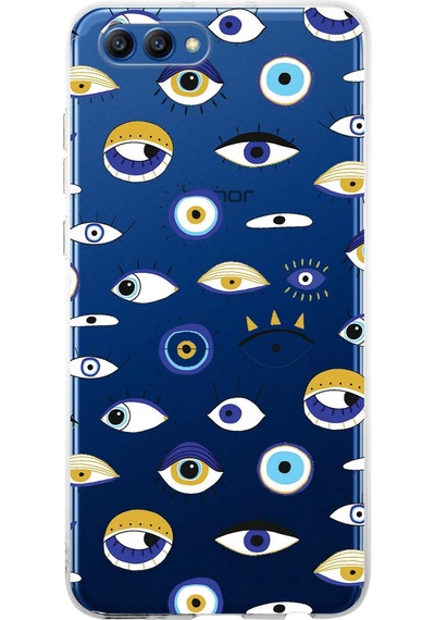 Huawei Honor View 10 İle Uyumlu 1mm Slim Fit Nazar Boncuğu 2 Baskılı Şeffaf Kılıf Şeffaf