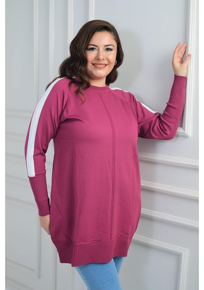 By Saygı Kadın Kolları Şeritli Büyük Beden Tunik Bluz-41842 Mor