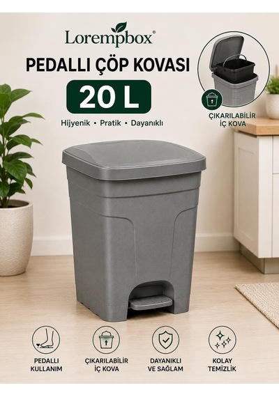 Lorempbox 20 L Pedallı Çöp Kovası Çıkarılabilir İç Koval Gri