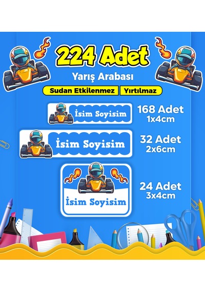 Yarış Arabası Temalı Okul Kreş Kişiye Özel İsim Etiket Seti - Model 296 Çok Renkli