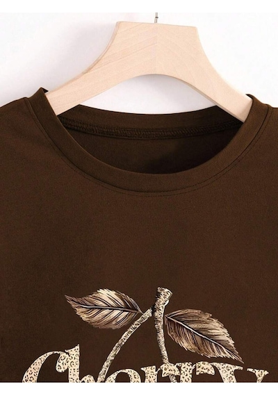 Uyguntarz Unisex Leopar Desenlı Vişne Baskılı Tasarım Tshirt Kahverengi