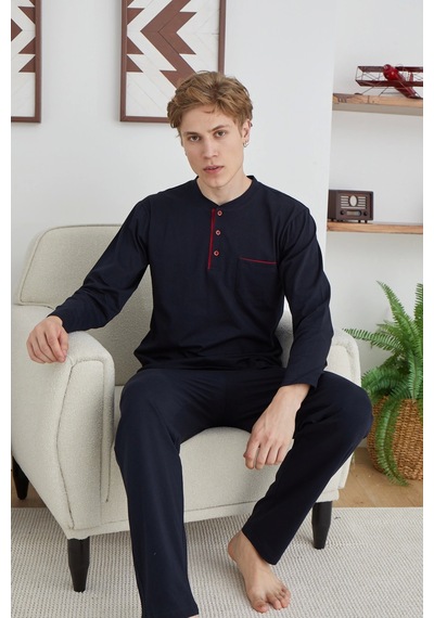 Kocabey 9111 Battal Erkek Midi Yaka Pijama Takımı Lacivert