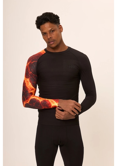 Hnc Sport Ateş Erkek Uzun Kol Tek Kol Dijital Baskılı Compression Fitness Gym Spor Body Tshirt Siyah