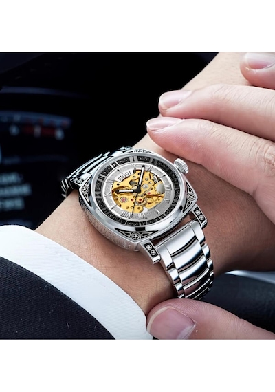 Premium İşlemeli Mekanik - Otomatik Çelik Erkek Kol Saati 3atm Su Geçirmez Altın