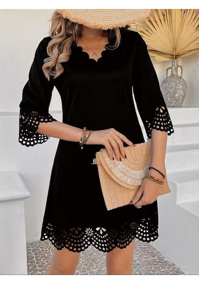 De'charme Kadın Kısa Kollu V Yakalı Lazer Kesim Çiçek Desenli Kısa Ithal Krep Elbise Siyah De'charme Kadın Kısa Kollu V Yakalı Lazer Kesim Çiçek Desenli Kısa Ithal Krep Elbise Siyah