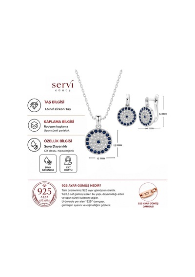 Servi 925 Ayar Gümüş Mavi Taşlı Nazar Kolye Ve Küpe Seti-289