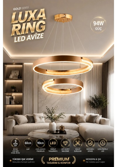 Modern Premium Led Modern Gold Kasa Halka Tasarım Sarkıt Avize Salon Yemek Masası 94w 3 Renk Beyaz