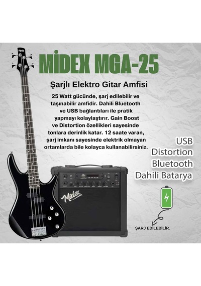 Midex Mbg-400bk-25amp 4 Telli Bas Gitar Ve 25w Amfi Gigbag Kulaklık Set