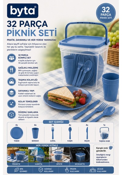 32 Parça Piknik Seti 4 Kişilik Taşıma Kutulu Kamp Ve Piknik Yemek Takımı Mavi