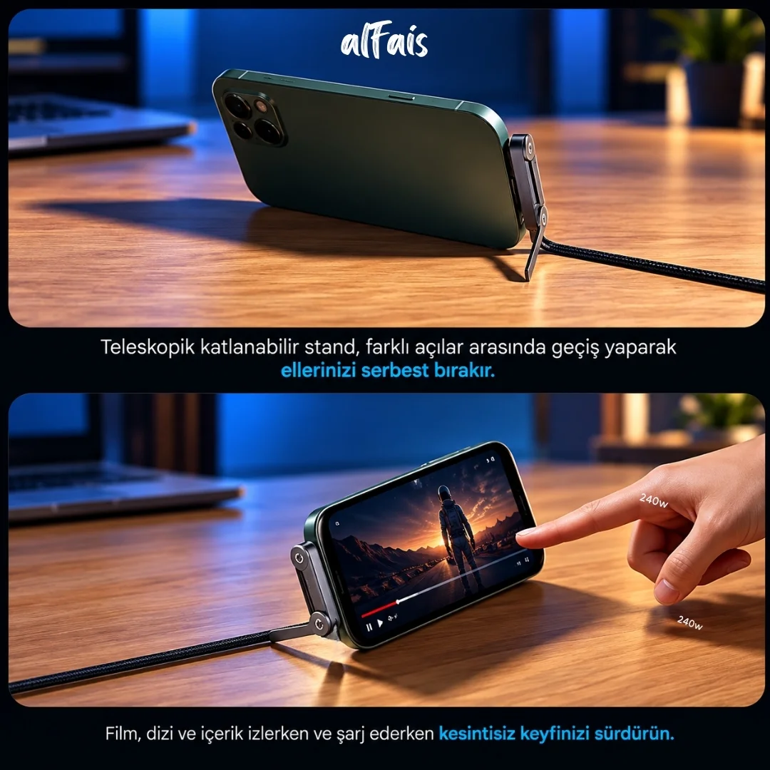 Usb Type C Şarj Data Kablosu Standlı Katlanabilir Hızlı Şarj 240w 2 Metre