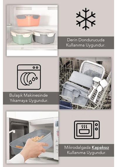 2 Katlı Kilitli Kapak Yemek Kabı - Bölmeli Lunch Box Diyet Beslenme Kutusu Sosluk Çatal Kaşık Gri