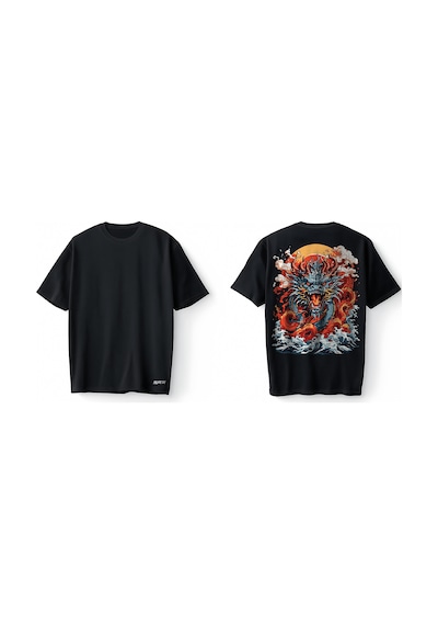 Bumeta Dragon Fire Flame Streetwear Oversize Unisex Tişört T-shirt Siyah