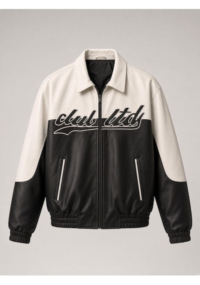 Oksit Club Ltd Nakış Detaylı Vintage Colorblock Gömlek Yaka Deri Bomber Ceket Siyah